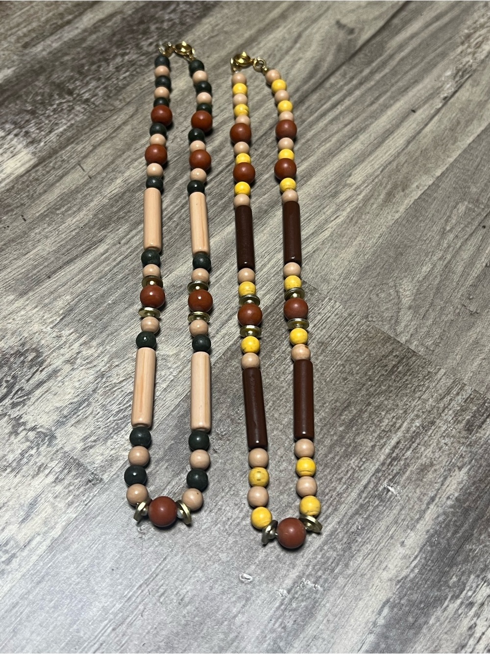 Vintage 1970s Wood Bead Collar Necklace Set Boho Earth Tone Costume Jewelry